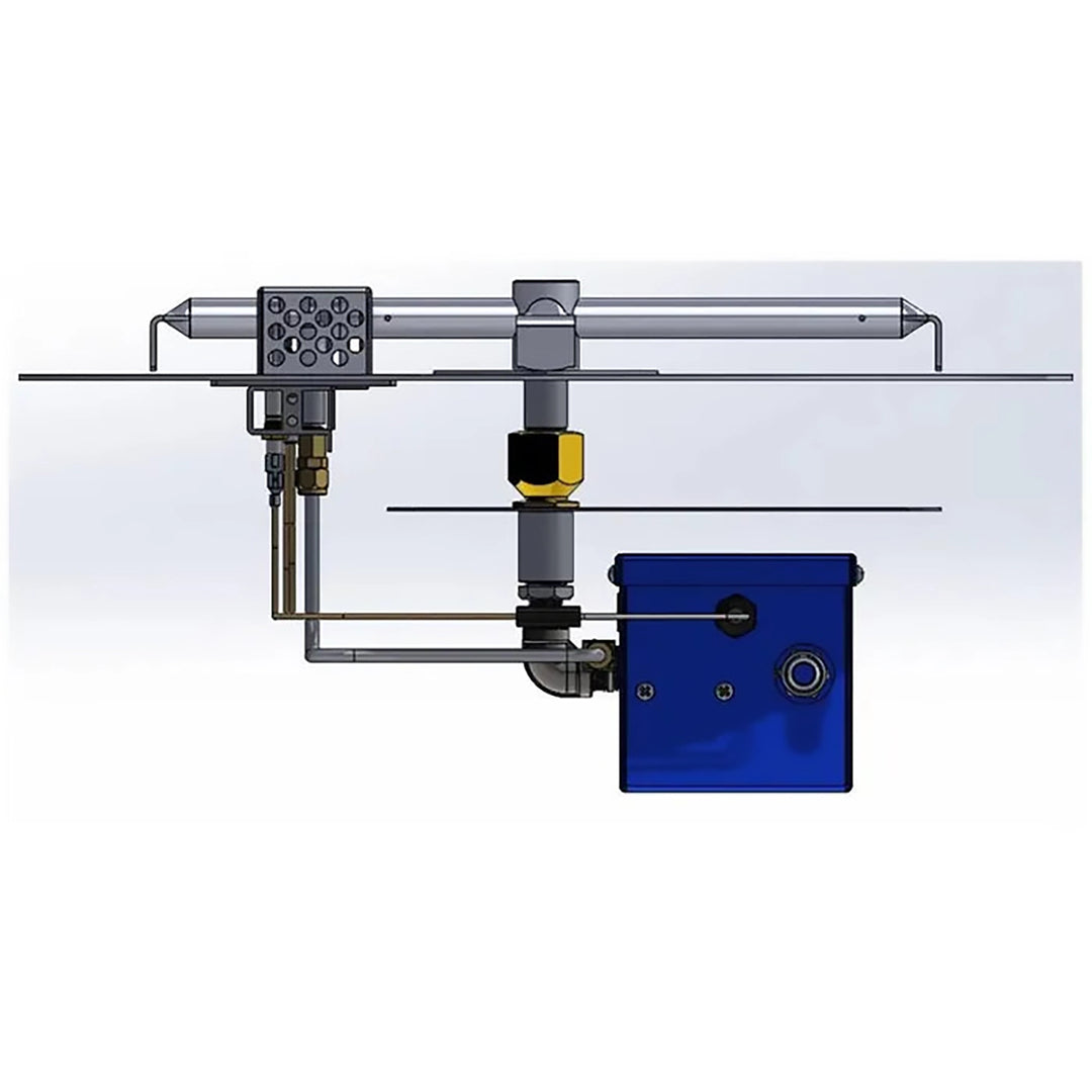 A technical side profile of the Prism Hardscapes 12v Electronic Ignition System integrated into a fire pit assembly, showing how the pilot burner and ignition module connect to the natural gas fire pit. This system improves outdoor fire pit safety, offering automatic, hassle-free ignition for backyard fire pits and gas fire bowls.

