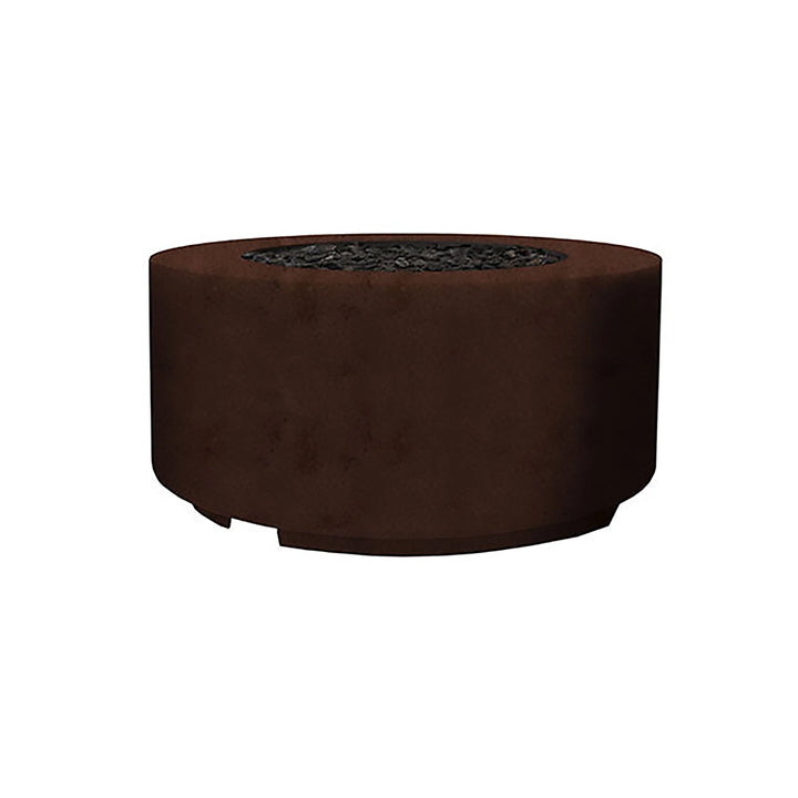 The Prism Hardscapes Cilindro Gas Fire Pit in a rich cafe color finish, featuring a low-profile cylindrical design with lava rock filling. This modern fire pit creates a warm, inviting outdoor ambiance, perfect for backyard, patio, or commercial fire pit installations. The smooth concrete texture complements various outdoor furniture and decor styles.