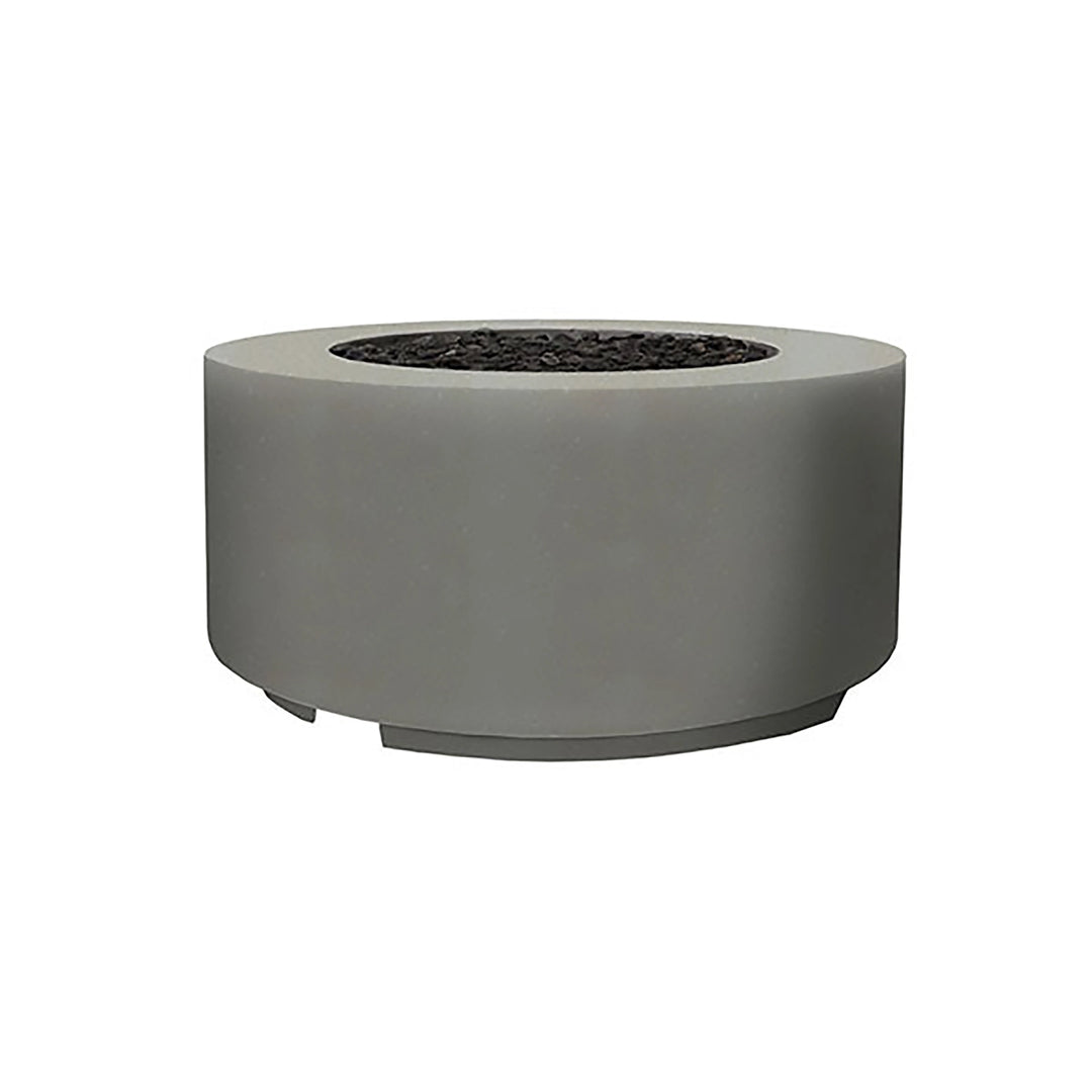 The Prism Hardscapes Cilindro Gas Fire Pit in natural finish, showcasing its smooth round design and sturdy concrete construction. Perfect for enhancing outdoor spaces with its simple, low-profile form and lava rock-filled burner. Ideal for modern outdoor fire pits, commercial use, or backyard setups