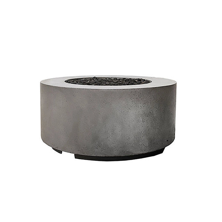 The Prism Hardscapes Cilindro Gas Fire Pit in a sophisticated pewter finish, featuring a sleek and contemporary cylindrical shape. This low-profile fire pit is perfect for creating a stylish yet functional centerpiece for outdoor seating areas, patios, or commercial fire pit installations.