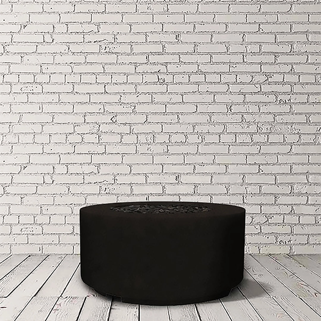 Prism Hardscapes Cilindro Gas Fire Pit in Ebony Black, displayed in a studio setting with a sleek, smooth round design. This modern fire pit is crafted for a minimalist aesthetic, great for large fire pits and outdoor fire bowls in a backyard or patio setting. Suitable for natural gas or propane fire pits.