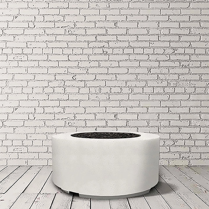 Prism Hardscapes Cilindro Gas Fire Pit in Ultra White, displayed in a studio setting with a pristine, smooth surface. The clean round design is perfect for creating a modern, elegant outdoor ambiance, suitable for large backyard fire pits and outdoor gas fire pit setups. Ideal for those looking for luxury fire pits