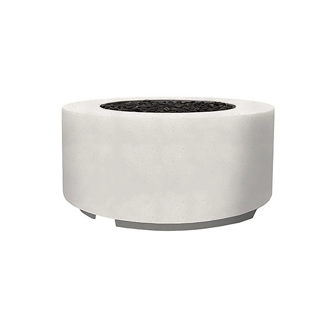 The Prism Hardscapes Cilindro Gas Fire Pit in ultra white finish, with a smooth concrete surface and a minimalistic low-profile design. This chic cylindrical gas fire pit is a perfect outdoor addition for contemporary patio spaces, offering warmth and elegance in any backyard or commercial fire setting.