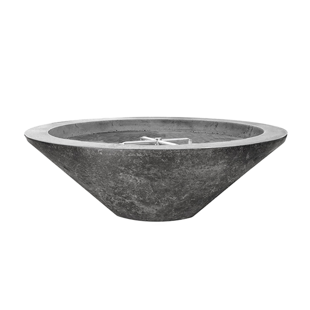 Prism Hardscapes Embarcadero Gas Fire Pit in a stylish pewter gray finish, emphasizing its sculptural silhouette. This outdoor gas fire pit features a bold, angular design, crafted from concrete for durability and sleek aesthetics. Ideal for contemporary patios and outdoor spaces, the fire pit is equipped with a high-performance stainless-steel burner, offering reliable warmth and a striking flame display. Its gray hue complements a wide range of modern outdoor furniture and design elements. 