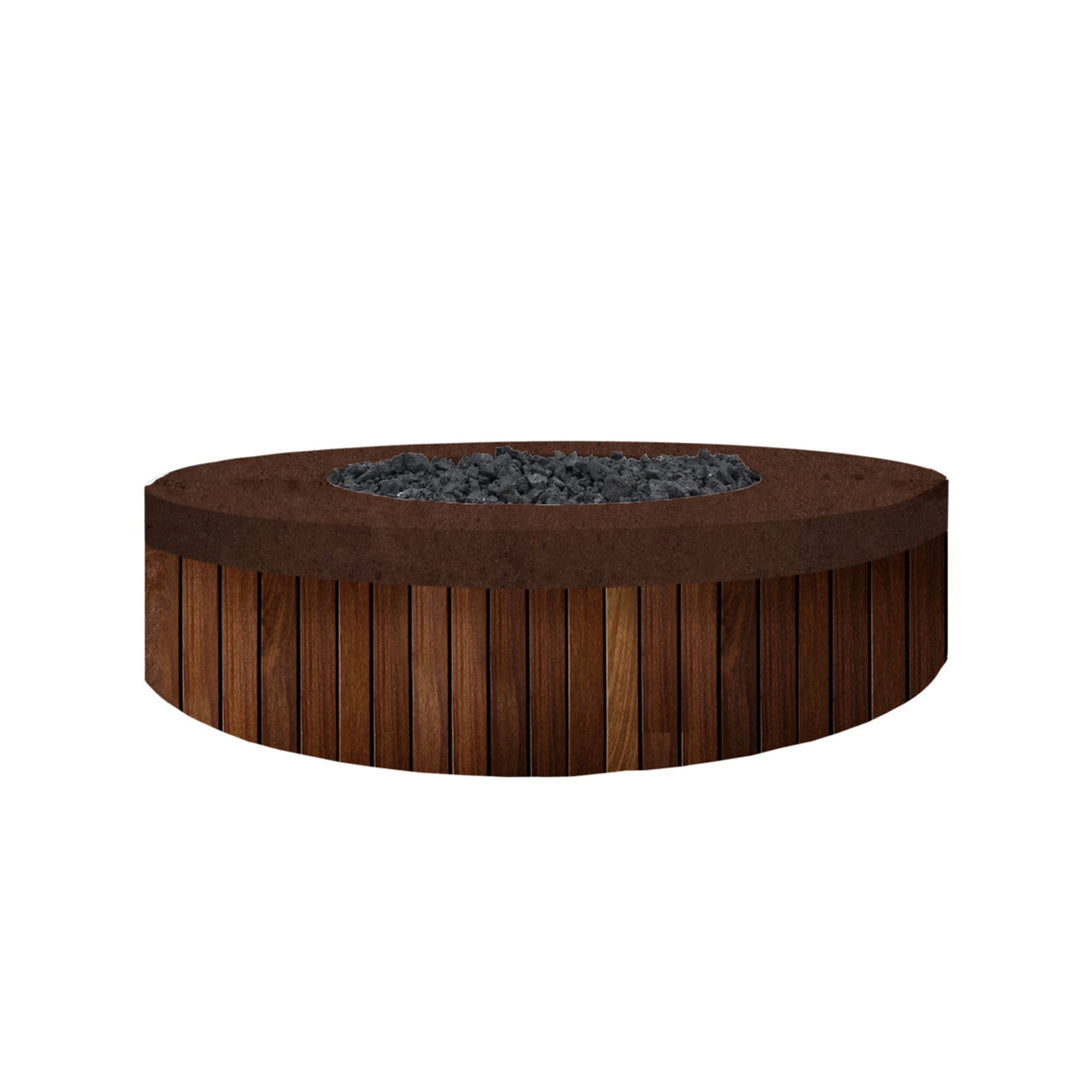 The Prism Hardscapes Hampton Fire Bowl in Café color, a stunning round concrete fire bowl with a sleek wood slat design, perfect for outdoor living spaces. This large fire bowl is built for modern aesthetics and functional warmth, ideal for backyard fire pits or patio fire bowl setups. Crafted from high-quality materials for durability and style, this fire pit bowl is suitable for both residential and commercial use.