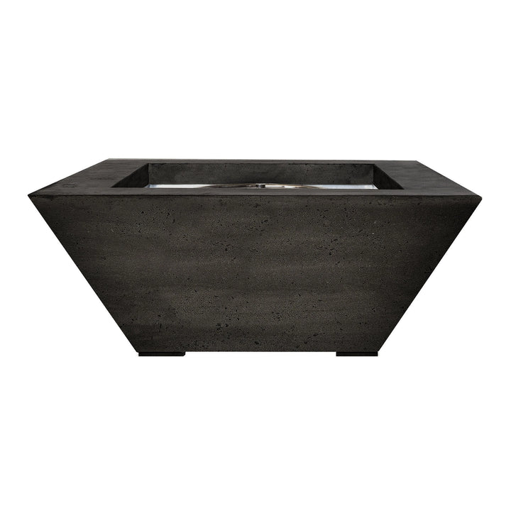 Prism Hardscapes Lombard Gas Fire Pit in Ebony color. A durable and weather-resistant concrete fire pit with a striking angular design, ideal for enhancing modern outdoor spaces. This gas-powered fire pit is constructed with premium materials to ensure longevity, making it a perfect centerpiece for outdoor lounges or backyard patios. The elegant, contemporary design adds a touch of sophistication to your outdoor decor