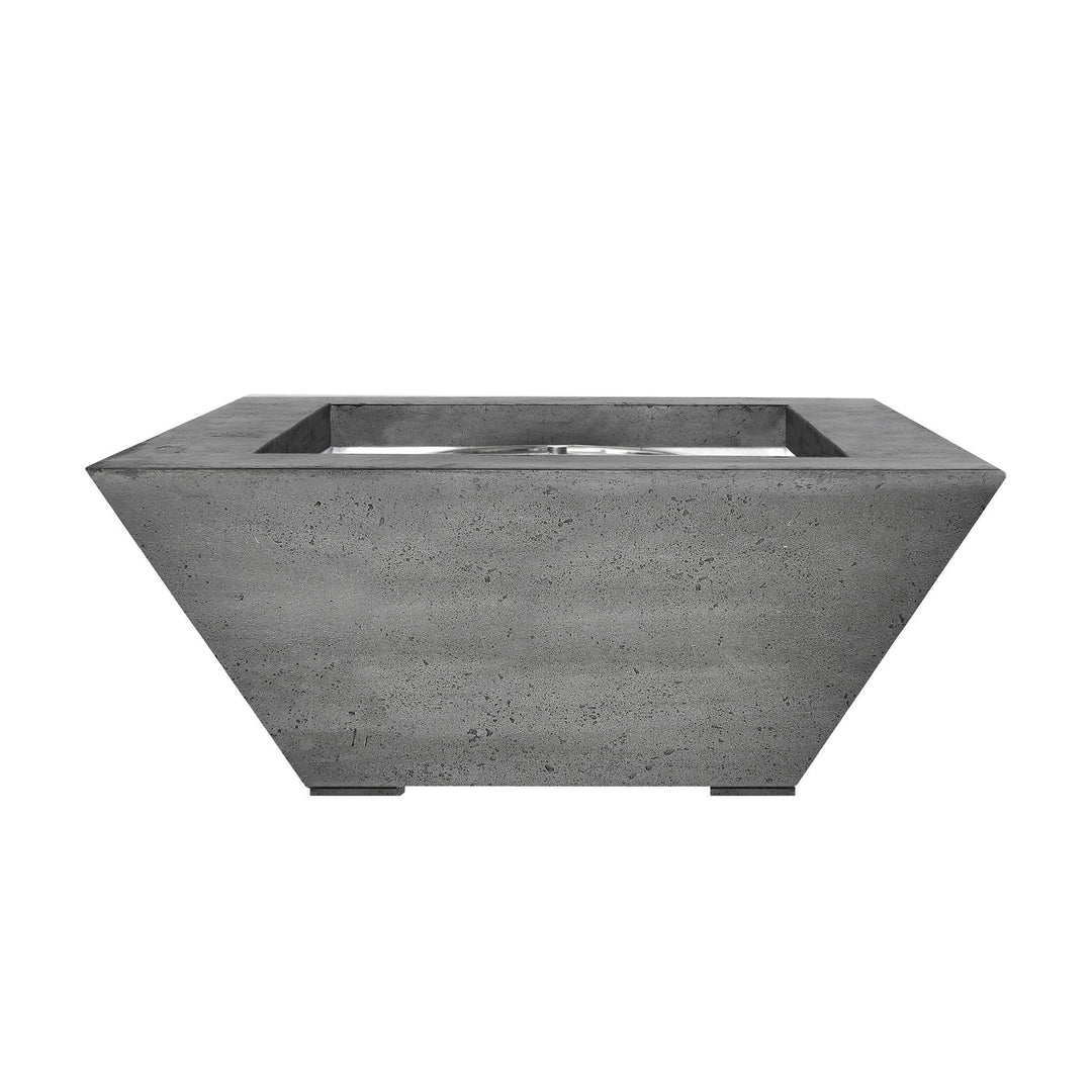 Prism Hardscapes Lombard Gas Fire Pit in Pewter color. This architectural concrete fire pit is designed with a contemporary, angular shape, blending form and function. Ideal for modern outdoor settings, the pewter-colored finish complements a variety of landscaping styles. Its sturdy construction and weather resistance make it a great addition to any patio or garden, providing warmth and a sleek aesthetic for outdoor gatherings