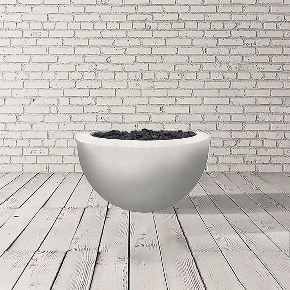 Prism Hardscapes Moderno 3 Gas Fire Bowl in ultra white finish, showcasing a clean and minimalistic round bowl design. This gas fire pit provides a striking contrast to outdoor decor, making it an ideal centerpiece for patios or commercial outdoor spaces. Includes black lava rock for added texture and style. A perfect choice for modern outdoor living. 