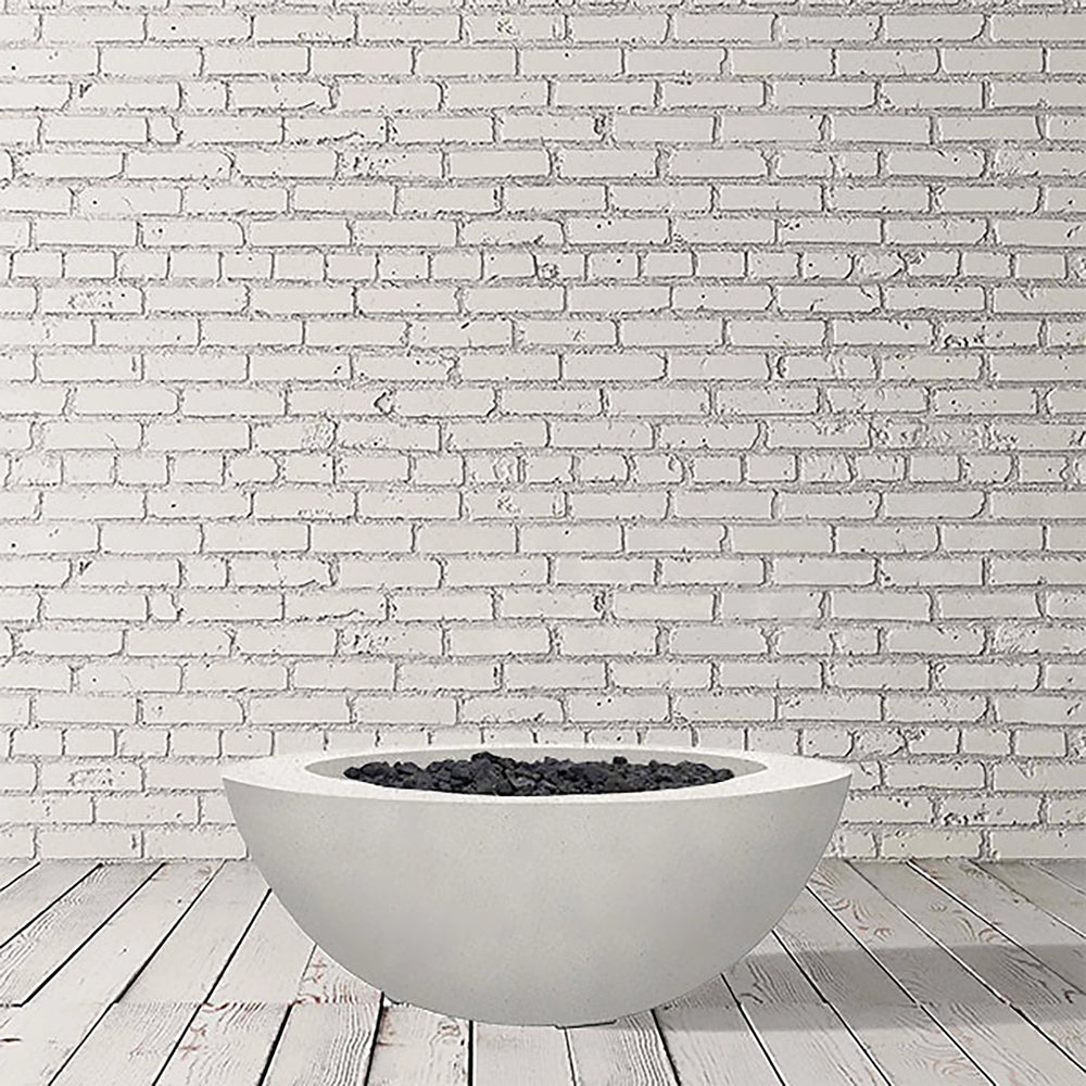 Prism Hardscapes Moderno 6 Gas Fire Bowl in an ultra-white finish, photographed in a minimalist studio. This clean and contemporary gas fire pit is a freestanding design ideal for upscale outdoor spaces, combining luxury and functionality for outdoor fire pit lovers