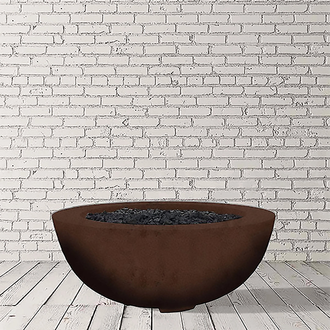 Prism Hardscapes Moderno 8 Gas Fire Bowl in Cafe finish, featuring a rich brown tone and a smooth, rounded concrete surface. Perfect for outdoor fire pit areas, this bowl provides a sleek and modern aesthetic, ideal for a cozy backyard or patio fire feature. A large gas fire pit for outdoor spaces designed for natural gas or propane options.