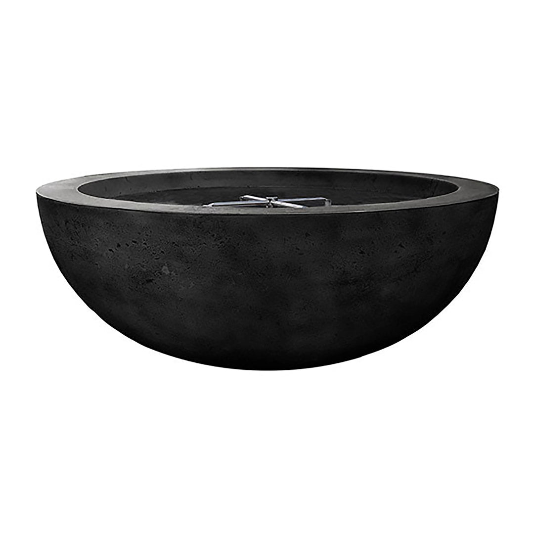 Prism Hardscapes Moderno 4 Gas Fire Bowl in Ebony finish, side view. A sleek black, round concrete fire pit that adds contemporary elegance to any outdoor setting. With its modern design and premium construction, it is perfect for commercial fire pits, backyard fire pit areas, or outdoor patios. A luxurious addition to your outdoor fire bowl collection.