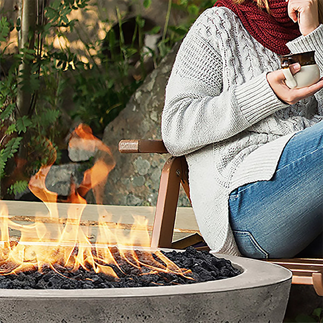 Close-up of the Prism Hardscapes Moderno 4 Gas Fire Pit in a rich cafe-colored concrete finish. The texture highlights the durable and stylish material, perfect for outdoor fire pits and commercial fire bowl setups. Ideal for backyard use, this fire bowl pairs luxury with functionality