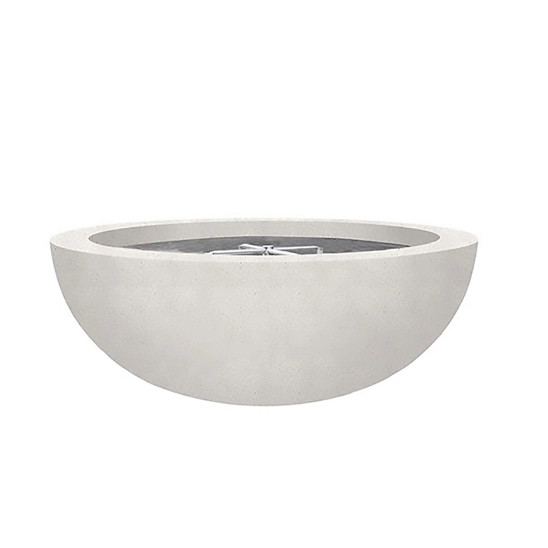 Prism Hardscapes Moderno 4 Gas Fire Bowl in Ultra White finish, side view. A sleek, white round fire bowl with a smooth concrete finish, offering a minimalist design for modern outdoor spaces. Ideal for backyard fire pits, commercial outdoor fire pits, and modern patio designs, this fire bowl provides both luxury and functionality for any outdoor fire pit area.