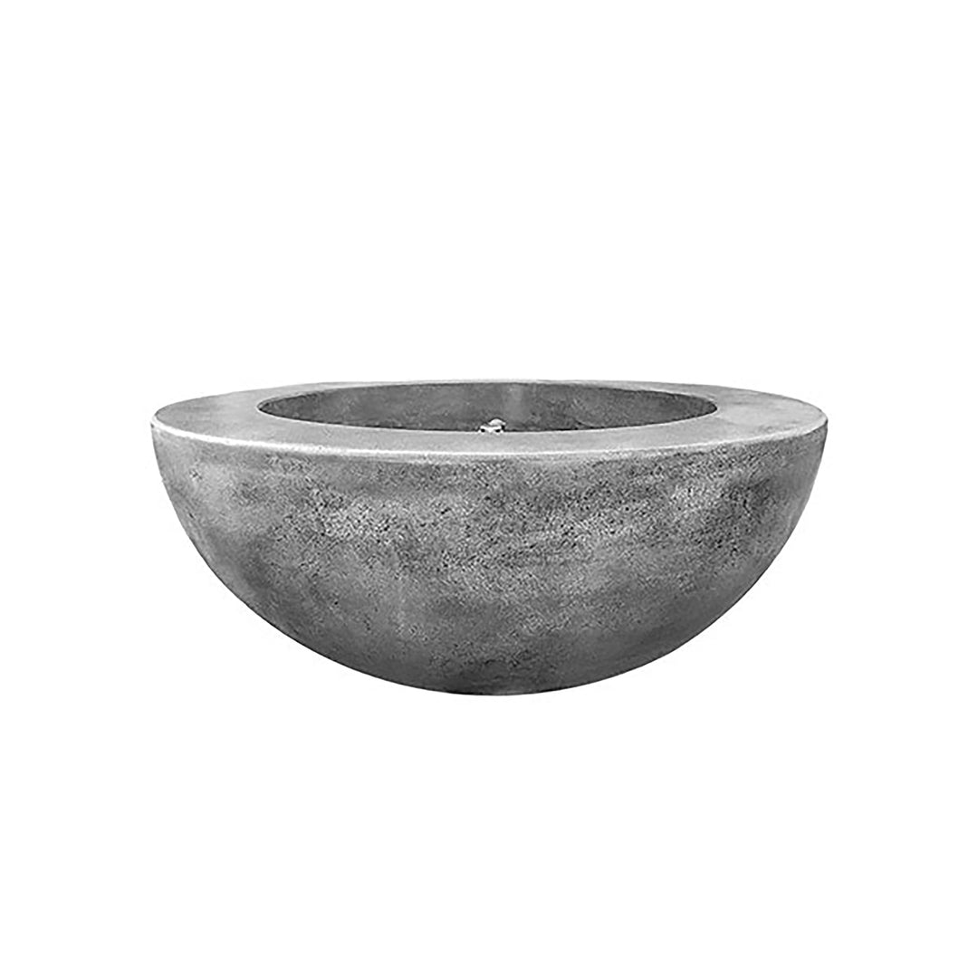 The Prism Hardscapes Moderno 5 gas fire pit in pewter color offers a contemporary look with a sturdy round bowl design in a medium gray finish. Ideal for creating a relaxing ambiance in outdoor living spaces, this fire bowl is crafted from reinforced glass fiber concrete for durability and style.