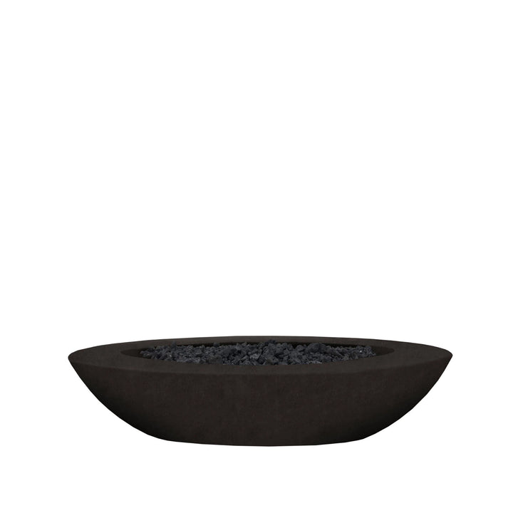 Prism Hardscapes Ovale Gas Fire Pit in a striking ebony finish, showcasing a sleek, smooth, and round basin design. The deep black color adds a contemporary touch to any outdoor space, providing both warmth and an elegant centerpiece. Ideal for outdoor fire bowls, gas fire pits, and modern backyard fire pits, this durable concrete fire pit is perfect for luxurious outdoor settings.