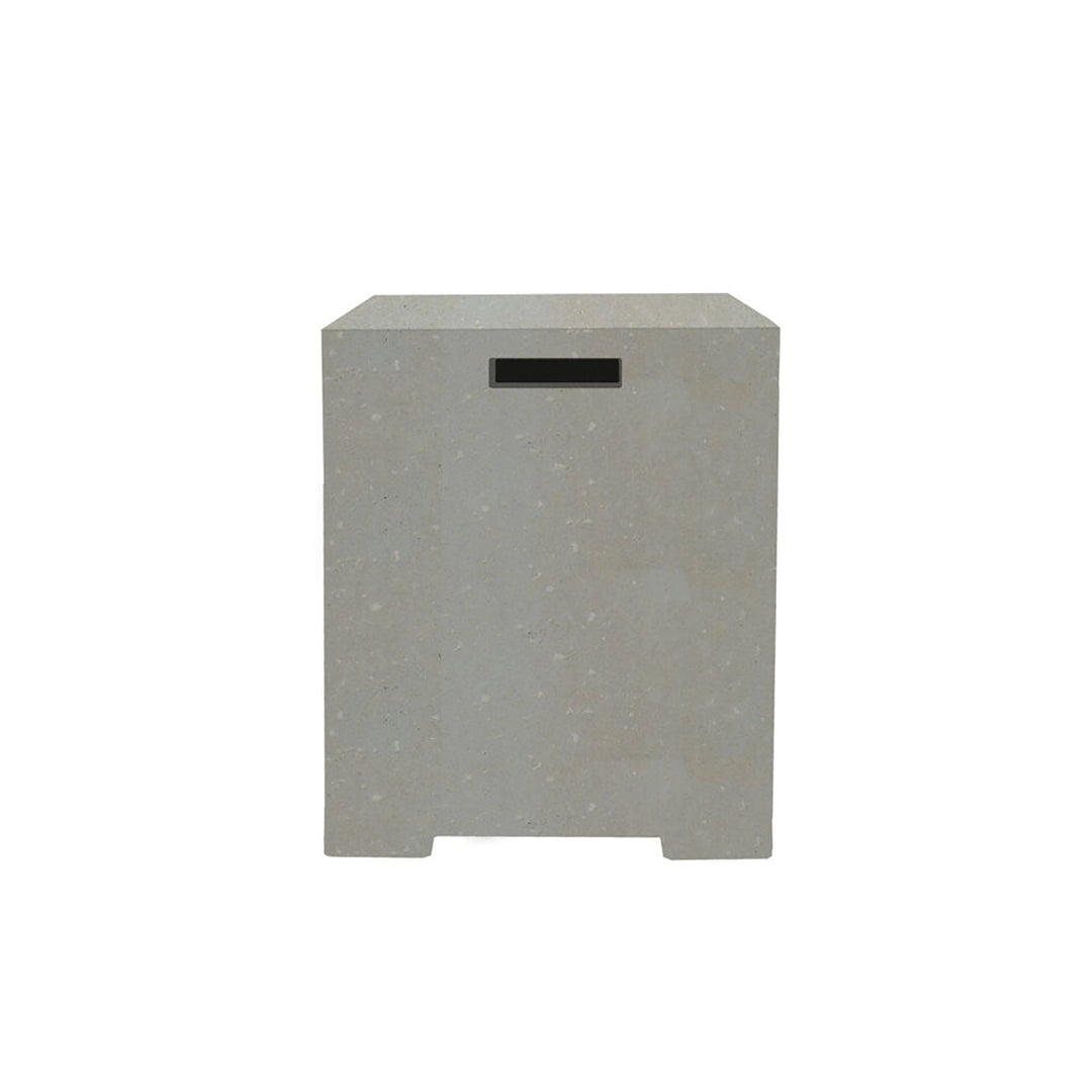  Prism Hardscapes Sausalito Propane Tank Enclosure in Natural finish, showcasing a light gray textured concrete surface. This stylish enclosure is perfect for hiding propane tanks, providing a clean and minimal look that enhances the aesthetics of any outdoor propane fire pit. Its durable build makes it ideal for modern outdoor fire pits and backyard fire bowls.