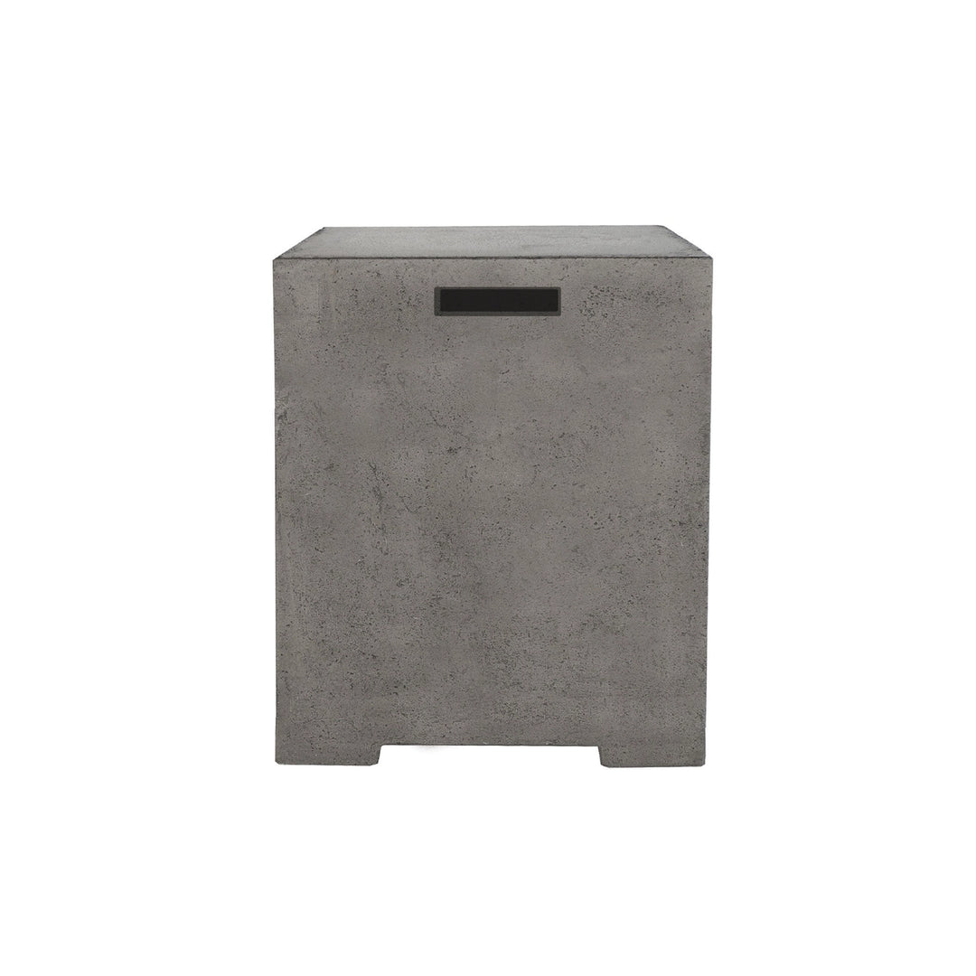  Prism Hardscapes Sausalito Propane Tank Enclosure in Pewter finish, a medium gray enclosure with a subtle texture. This sleek and functional enclosure is designed to discreetly hide propane tanks, making it a great addition to outdoor fire pits and fire tables. Made from weather-resistant concrete, it ensures long-lasting use in outdoor settings, making it perfect for backyard fire pit installations.