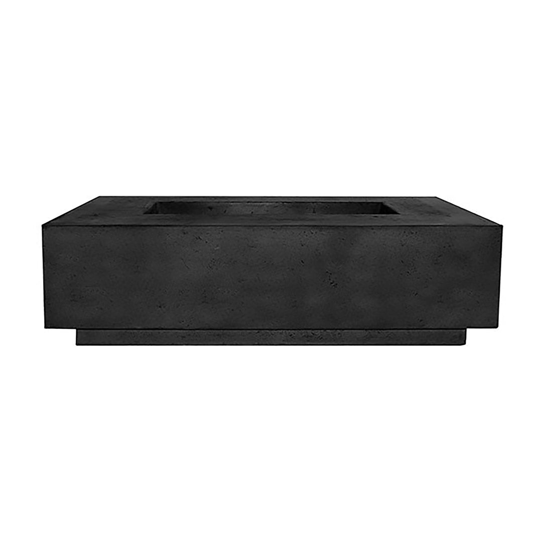 The Prism Hardscapes Tavola 1 Gas Fire Pit in an elegant ebony black color, featuring a sleek rectangular shape and clean lines. This fire pit is perfect for modern outdoor fire pit setups, providing a striking contrast against any outdoor decor. Crafted for durability and beauty, it is ideal for use as an outdoor gas fire pit in backyard settings.