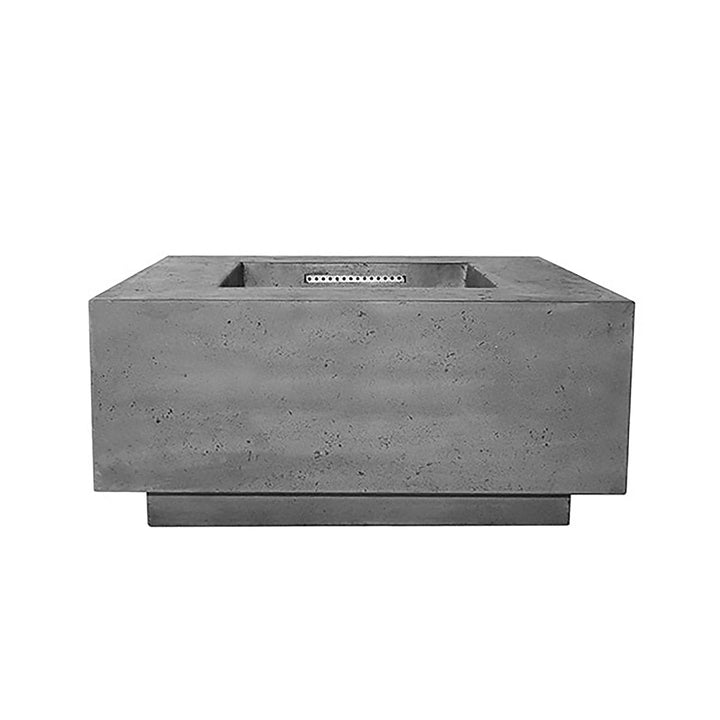 The Prism Hardscapes Tavola 2 Gas Fire Pit in a sleek pewter finish. Its low-profile rectangular design is crafted from durable concrete, ensuring it withstands outdoor elements. Designed for natural gas or propane, this fire pit is a perfect addition to any backyard or patio space, offering a balance of function and modern style for outdoor fire features.