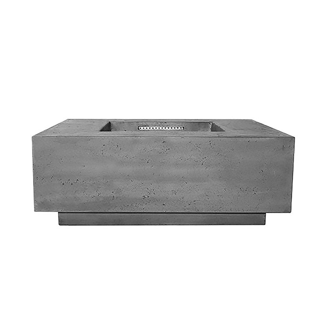 Prism Hardscapes Tavola 3 gas fire pit in a sophisticated pewter finish, displayed in a front view with its clean, minimalistic lines. This fire pit is made of concrete and designed to add warmth and style to any patio or backyard area. 