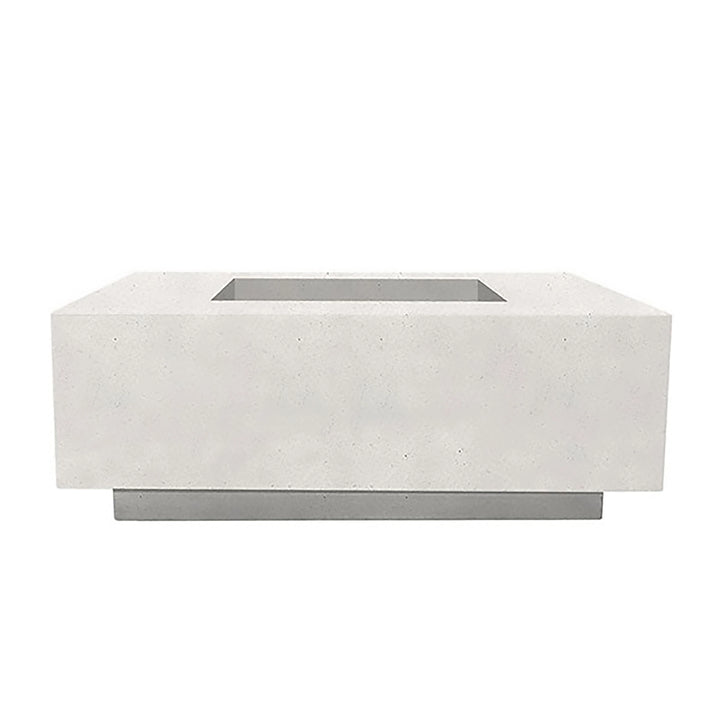 Prism Hardscapes Tavola 3 gas fire pit in a bright ultra-white finish, presented in a front view, featuring a contemporary rectangular design and concrete body. Ideal for luxury outdoor spaces, this fire pit adds a modern touch to outdoor seating areas. 