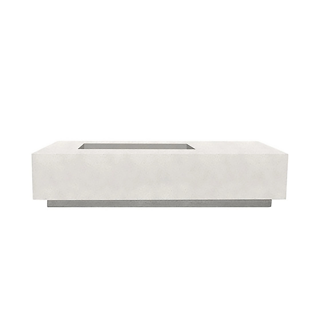 Prism Hardscapes Tavola 5 gas fire pit in an Ultra White concrete finish. The smooth, minimalist design complements any outdoor decor, offering a bright and clean look. Perfect for modern patios or contemporary outdoor settings, this fire pit combines style and durability to create an inviting atmosphere.