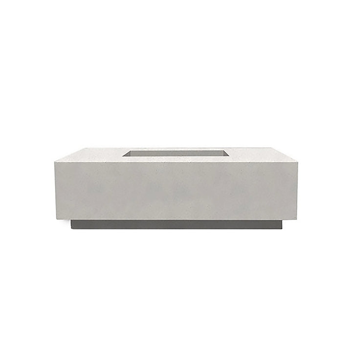 Prism Hardscapes Tavola 7 Gas Fire Pit in ultra white finish, offering a clean and crisp look. Its rectangular, low-profile design brings a modern touch to outdoor settings, perfect for creating a sleek, minimalist backyard aesthetic. Constructed from durable concrete, this gas fire pit provides both style and warmth for outdoor living spaces.