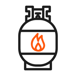 Icon showing a propane gas tank with a flame symbol, representing fuel for gas-powered devices like fire pits or grills.