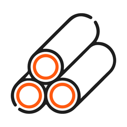 Icon showing three steel pipes, representing high-quality steel materials or durable construction.