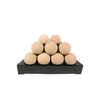 Elegant beige Rasmussen Alterna Vent-Free FireBalls in a pyramid display, 20-inch size, perfect for backyard fire pits. These vent-free fireballs offer a unique alternative to traditional logs, adding a modern look to outdoor fire bowls or fire pit tables