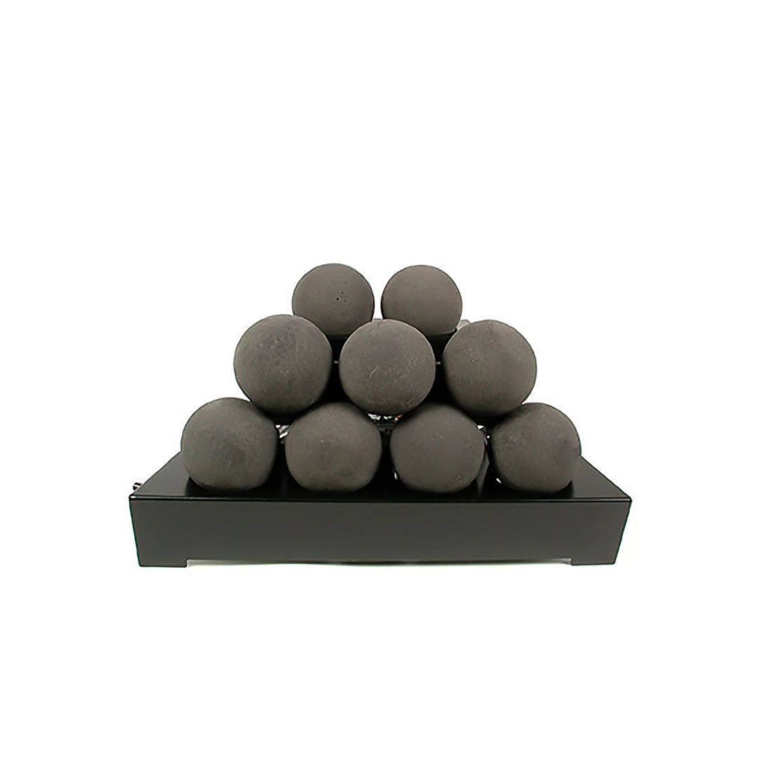 Sleek black 20-inch Rasmussen Alterna Vent-Free FireBalls in a pyramid arrangement, designed to enhance modern fire pit tables or outdoor gas fire pits. Ideal for vent-free setups, these fireballs provide a stylish and efficient heating solution for outdoor fire pits.