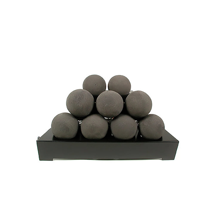 Sleek black 20-inch Rasmussen Alterna Vent-Free FireBalls in a pyramid arrangement, designed to enhance modern fire pit tables or outdoor gas fire pits. Ideal for vent-free setups, these fireballs provide a stylish and efficient heating solution for outdoor fire pits.