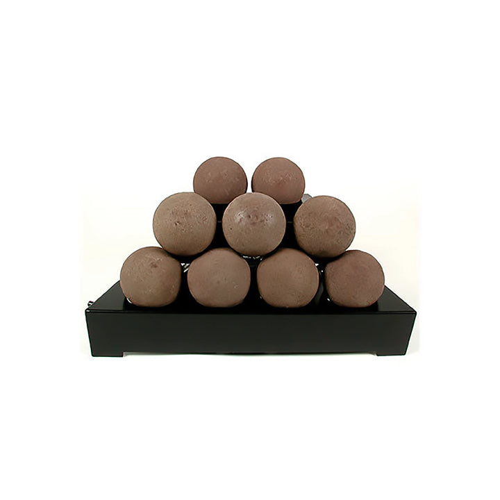 Classic brown Rasmussen Alterna Vent-Free FireBalls stacked in a 20-inch pyramid, ideal for natural-looking outdoor fire pits. Vent-free design enhances heat efficiency, making it a popular choice for modern backyard fire pit setups.