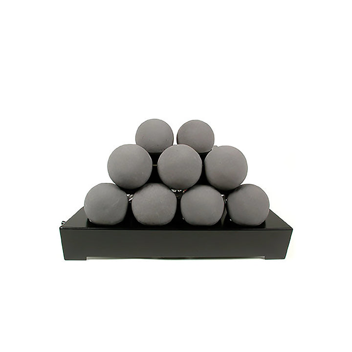 Dark gray Rasmussen Alterna Vent-Free FireBalls in a 20-inch pyramid display, providing a modern look for outdoor fire pits. These vent-free fireballs are an efficient alternative for backyard gas fire pits, enhancing both heat output and visual appeal."