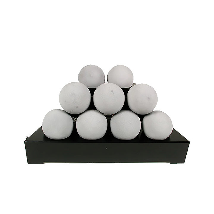 Light gray 20-inch Rasmussen Alterna Vent-Free FireBalls arranged in a pyramid style, suitable for enhancing the aesthetics of outdoor gas fire pits. Designed for vent-free fire pit tables, adding a contemporary and efficient heating element to backyard spaces.