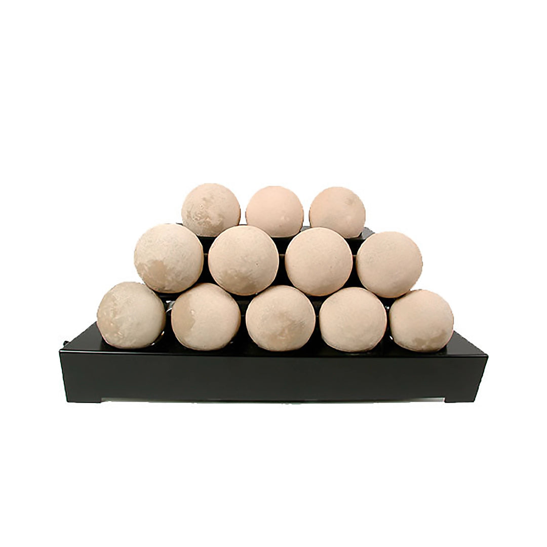 Beige 24-inch Rasmussen Alterna Vent-Free FireBalls arranged in a pyramid formation, ideal for outdoor fire bowls or fire pit tables. These vent-free fireballs provide a modern alternative to traditional fire pit logs, enhancing both heat output and aesthetics for outdoor fire pits.