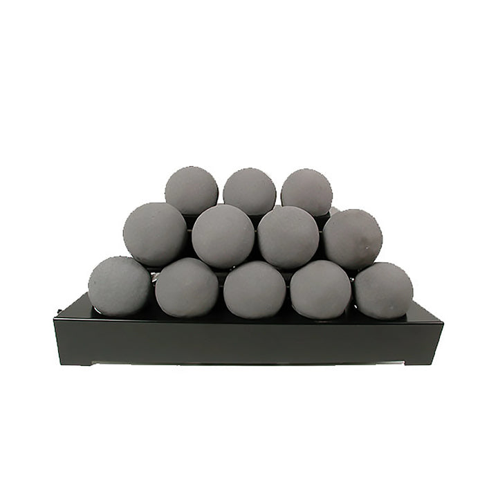 Dark gray 24-inch Rasmussen Alterna Vent-Free FireBalls in a pyramid stack, providing a sophisticated look for outdoor fire pit setups. Designed for vent-free use, these fireballs enhance the ambiance and warmth of any outdoor fire bowl or patio fire pit.