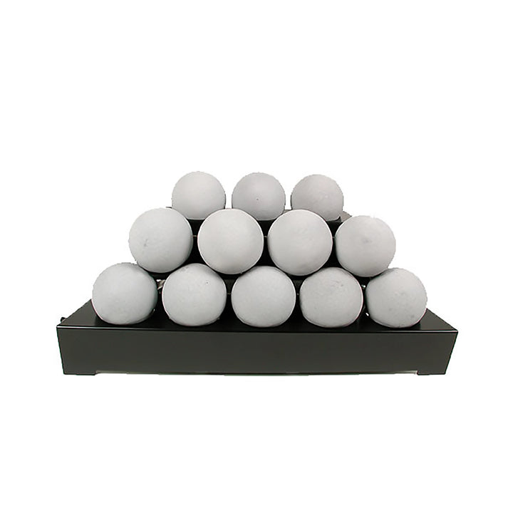 Light gray Rasmussen Alterna Vent-Free FireBalls arranged in a 24-inch pyramid display, adding a contemporary touch to outdoor gas fire pits. Ideal for vent-free setups, these fireballs create an efficient and stylish heating element for backyard fire pits.