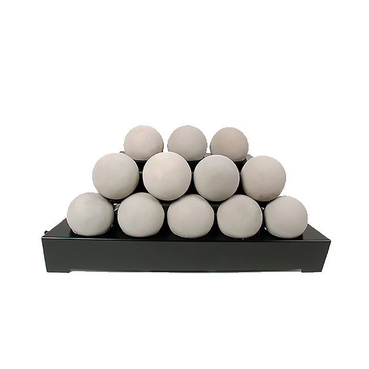 Natural-colored Rasmussen Alterna Vent-Free FireBalls in a 24-inch pyramid arrangement, suitable for modern outdoor fire pits. These vent-free fireballs provide efficient heating with a rustic appearance, enhancing the visual appeal of fire pit tables and outdoor fire bowls.