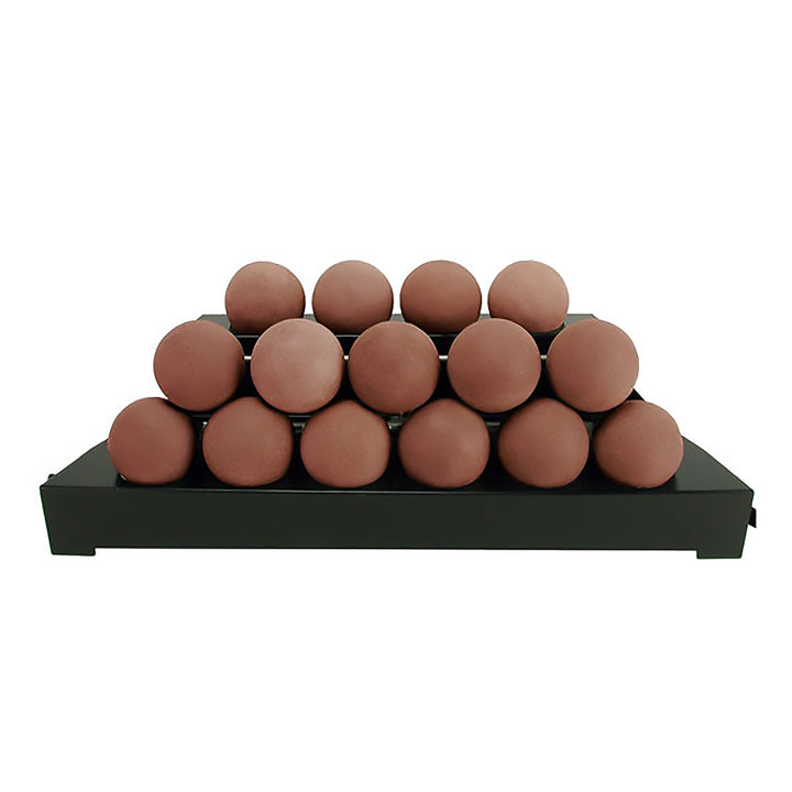 Large 30-inch adobe red Rasmussen Alterna Vent-Free FireBalls in a stacked display, ideal for modern outdoor fire pit designs. These vent-free fireballs enhance backyard fire pits, providing efficient heating with a stylish, rustic look for outdoor fire tables.