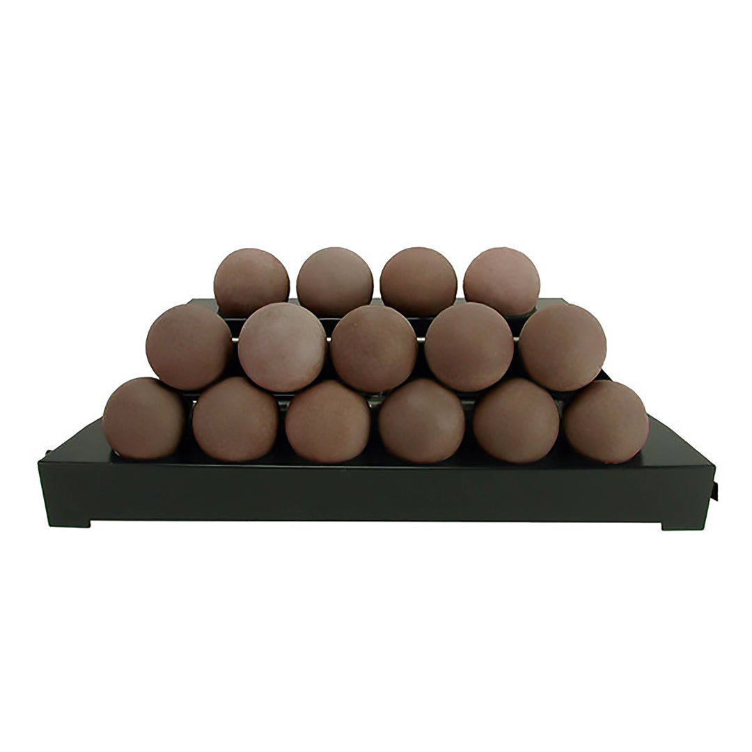 Brown 30-inch Rasmussen Alterna Vent-Free FireBalls in a tiered display, adding a natural, rustic charm to outdoor fire pits. These vent-free fireballs enhance heat efficiency and aesthetic appeal, making them ideal for backyard fire bowls and patio gas fire tables