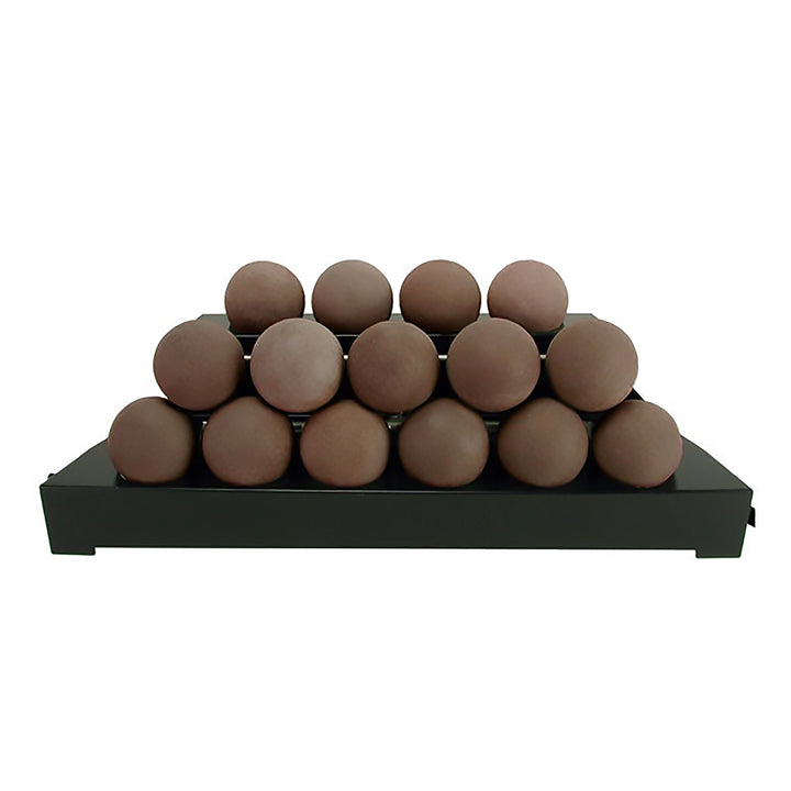 Brown 30-inch Rasmussen Alterna Vent-Free FireBalls in a tiered display, adding a natural, rustic charm to outdoor fire pits. These vent-free fireballs enhance heat efficiency and aesthetic appeal, making them ideal for backyard fire bowls and patio gas fire tables