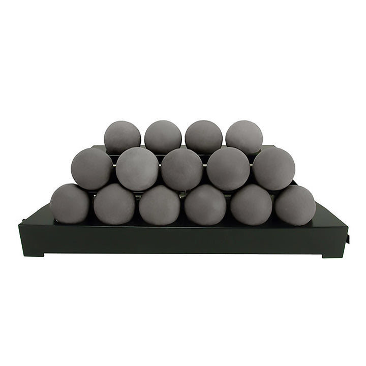 Dark gray Rasmussen Alterna Vent-Free FireBalls, 30-inch size, arranged in a stacked pyramid. Designed for vent-free setups, these fireballs offer a modern look and effective heat output for outdoor fire pits or patio fire tables