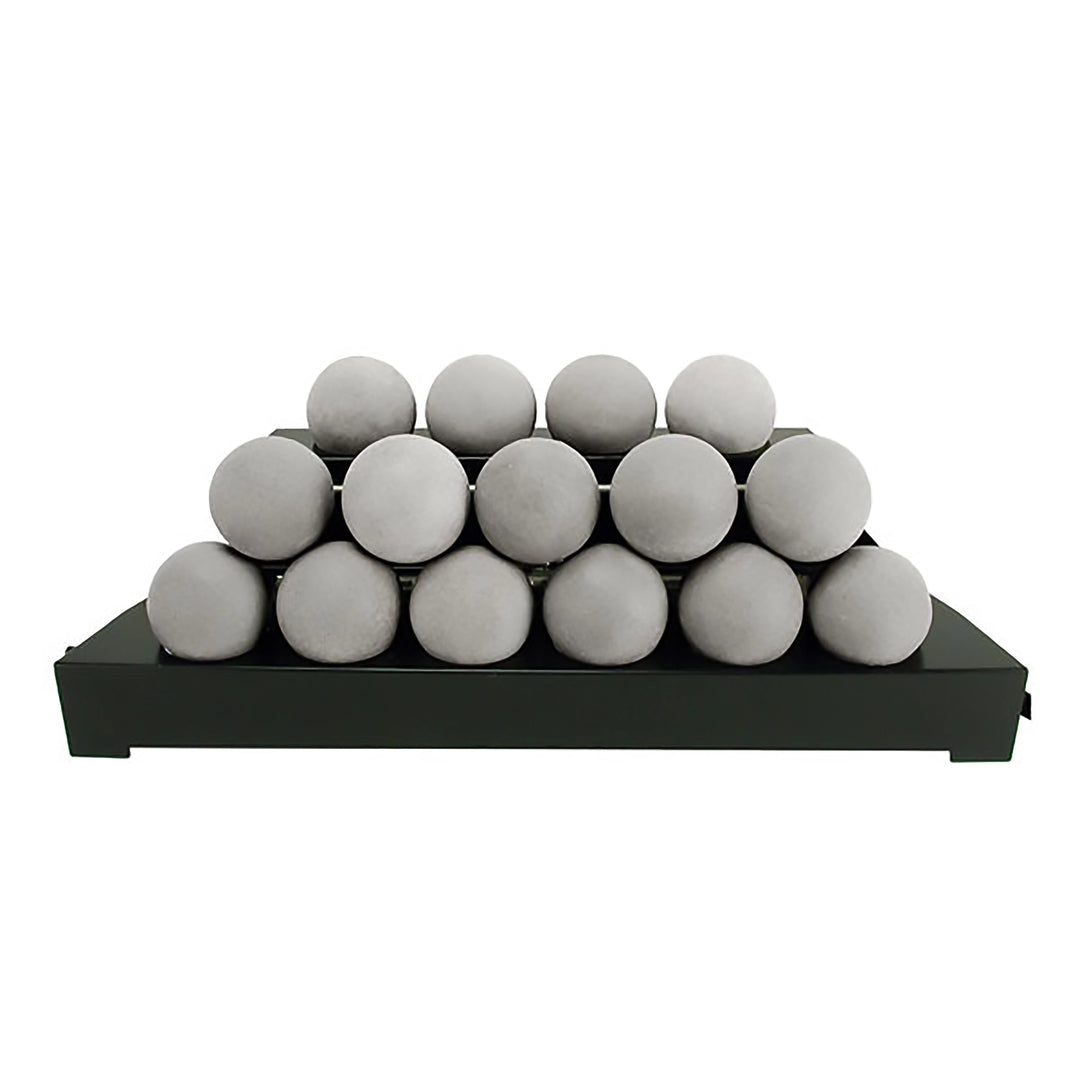 Light gray 30-inch Rasmussen Alterna Vent-Free FireBalls in a layered arrangement, enhancing the aesthetics of outdoor gas fire pits. Ideal for vent-free designs, these fireballs bring efficient heating and contemporary style to backyard fire tables