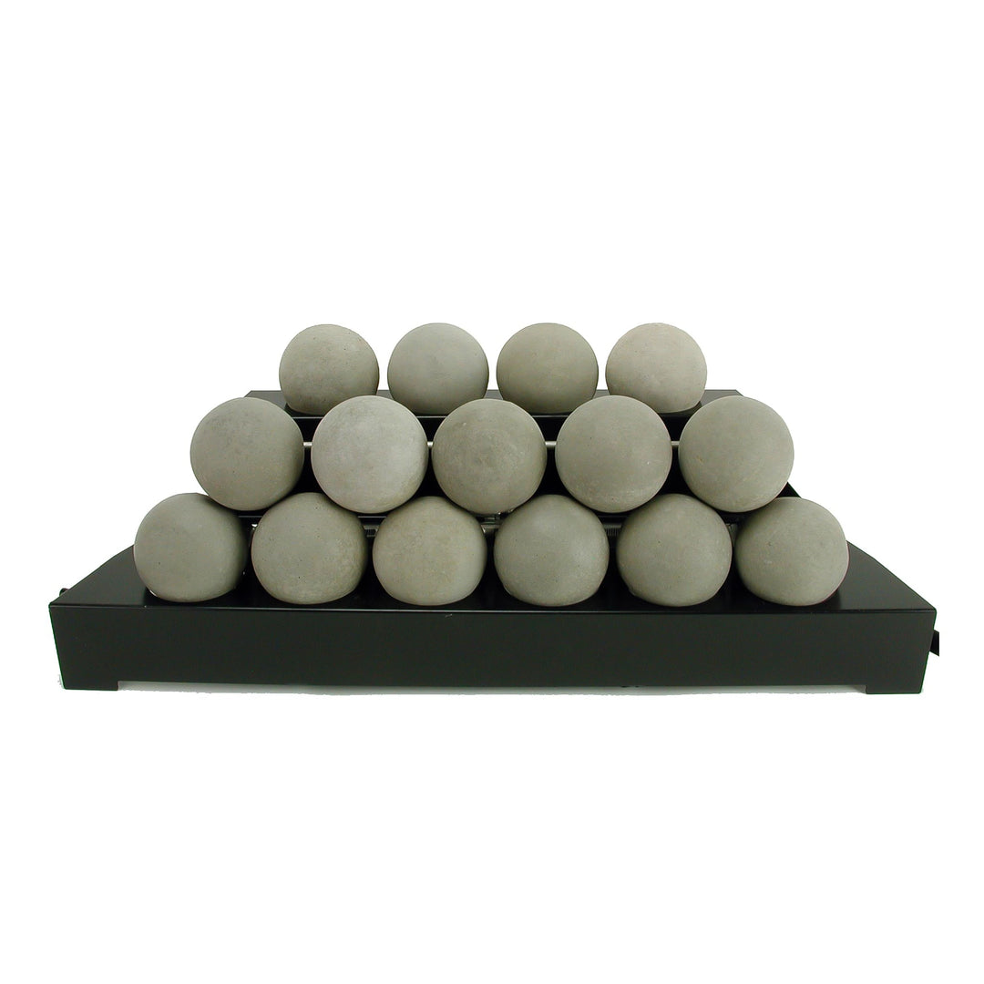 Natural-colored 30-inch Rasmussen Alterna Vent-Free FireBalls arranged in a pyramid display, perfect for outdoor fire pit setups. These vent-free fireballs provide a rustic, efficient heating solution for patio fire tables and modern backyard fire pits.