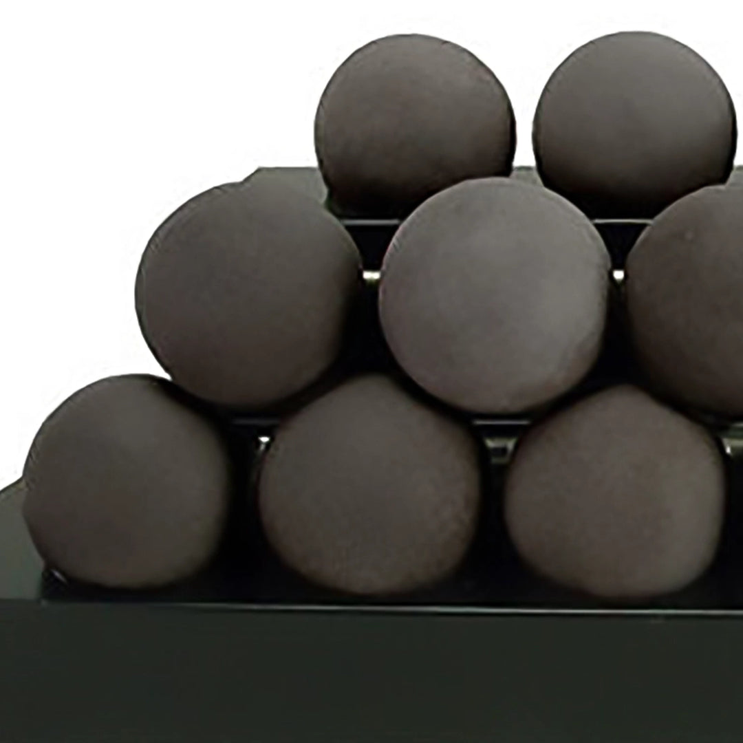 Black Rasmussen Alterna Vent-Free FireBalls close-up, highlighting the smooth surface and modern look. Suitable for stylish outdoor fire pit tables, these vent-free fireballs offer a sleek, contemporary alternative for enhancing backyard fire pits with efficient heating