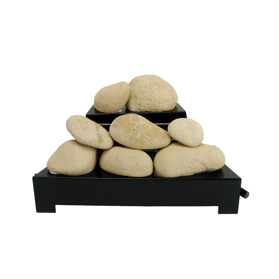 Rasmussen Alterna Vent-Free FireStones in 20-inch beige, carefully arranged on a black tray. These vent-free firestones offer a natural aesthetic for gas fireplaces, enhancing the look with their soft beige color that resembles authentic stones