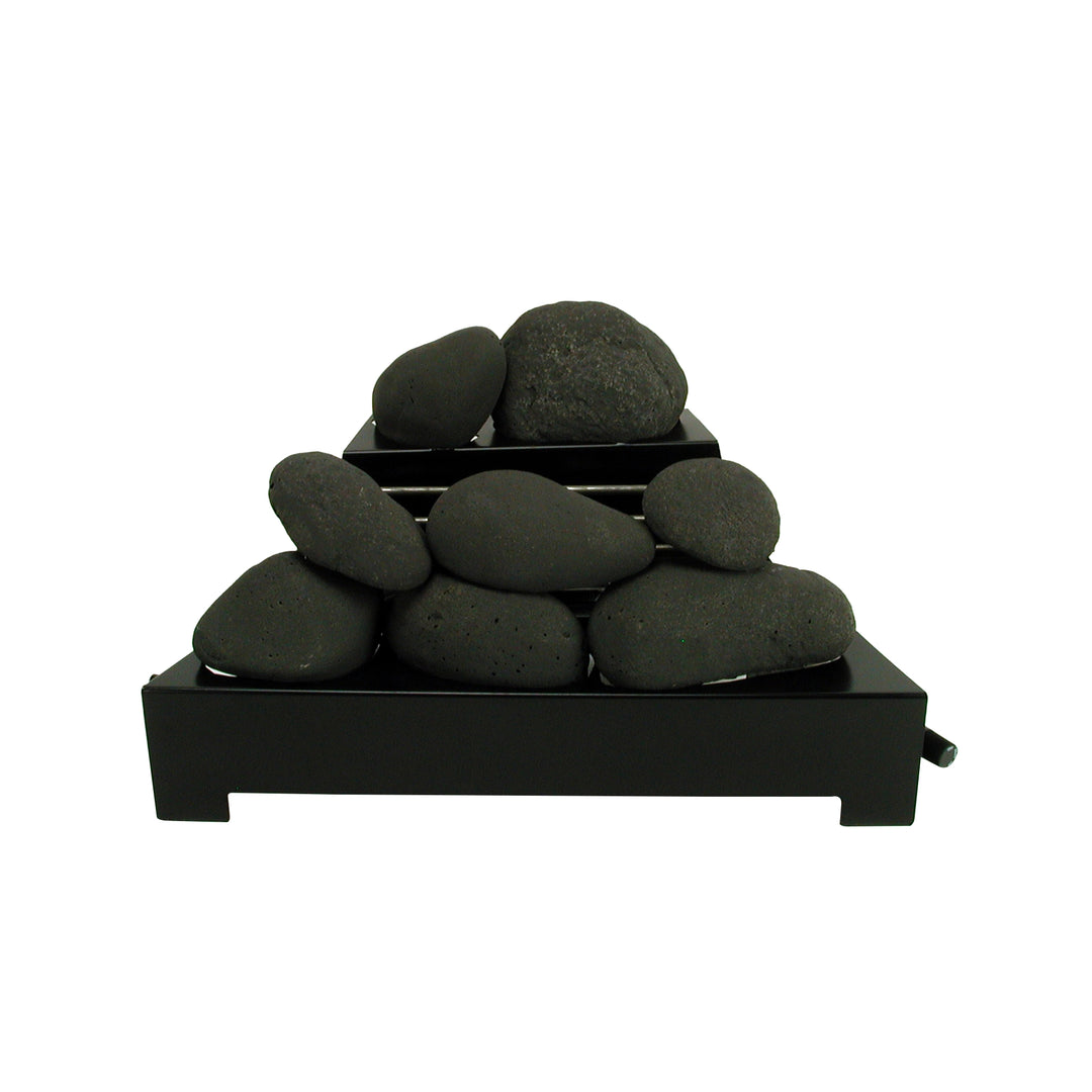 A 20-inch set of Rasmussen Alterna Vent-Free FireStones in black, displayed on a dark tray. These firestones provide a sophisticated, modern look to ventless fireplaces, with a deep black tone that contrasts beautifully with flames.