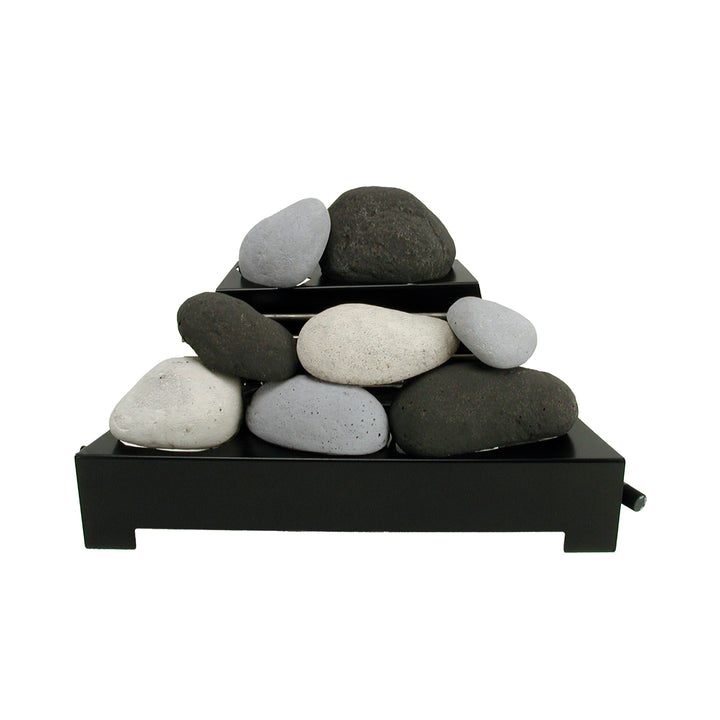 Mixed set of Rasmussen Alterna Vent-Free FireStones in 20-inch black, white, and light gray, arranged in a stacked formation. This combination of colors brings versatility and a contemporary edge to ventless fireplaces, creating a unique visual effect.