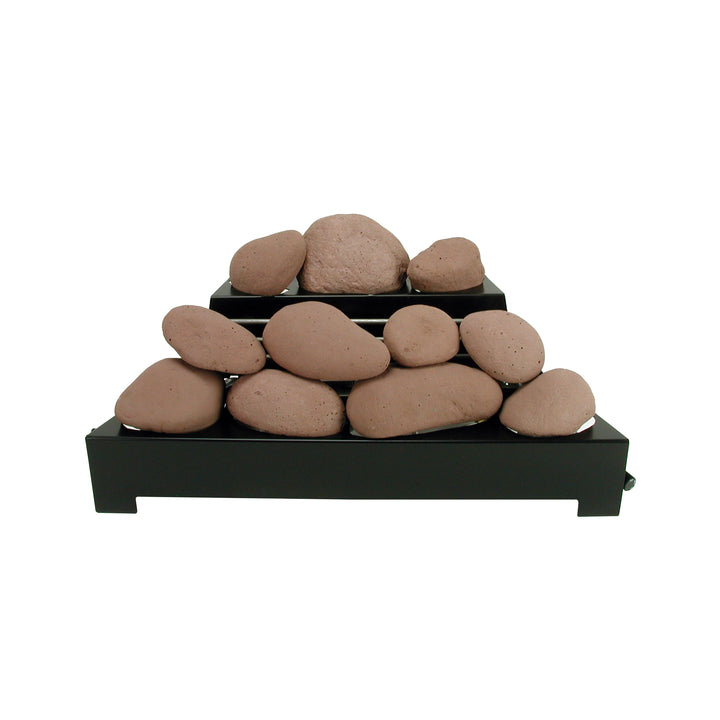 Rasmussen Alterna Vent-Free FireStones 24 inch set in adobe red, featuring a stack of irregular stone shapes in a pyramid layout on a black fire grate. Ideal for natural gas fireplaces, these fire stones create a realistic campfire ambiance for indoor ventless applications.